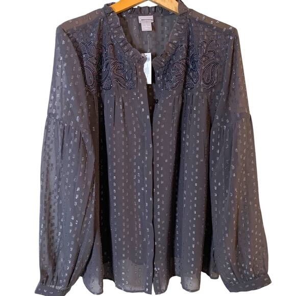 Chico's Top NWT Women's Sz 3 (XL) Embellished Cool Gray Metallic Pullover Sheer - Picture 2 of 8